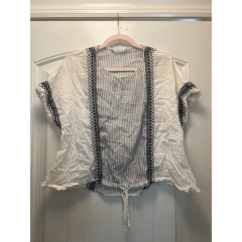 Zara Women’s Trafaluc Embroidered Short Sleeve Boho Blouse Top Sz M White Black